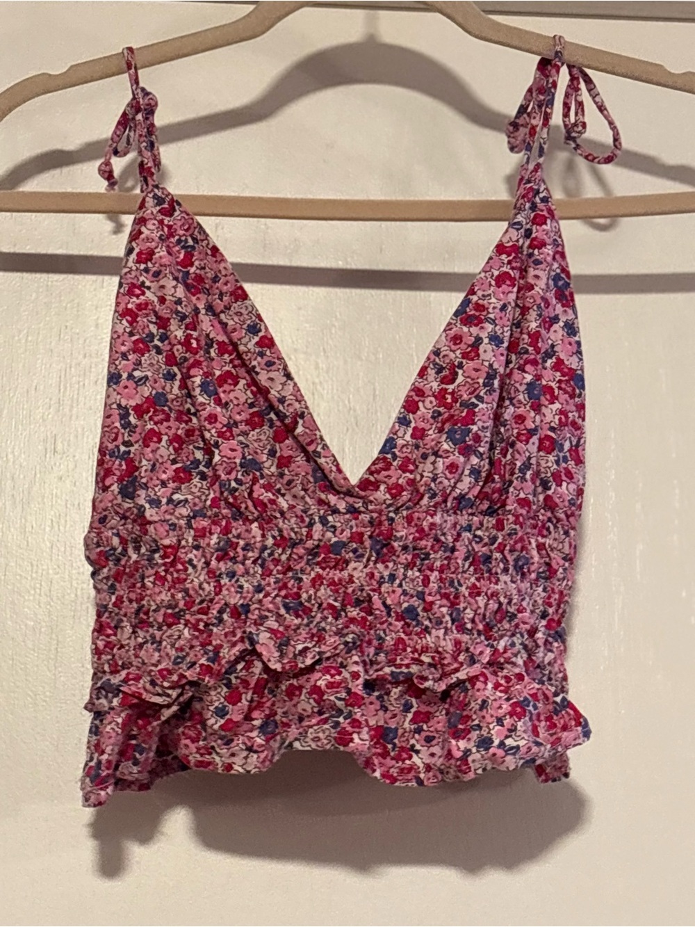 Pink Floral Tie-Strap Smocked Cami Top